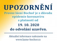 Provoz lázní Bochoř je z důvodu epidemie koronaviru s platností od 19.10.2020 do odvolání uzavřen.
